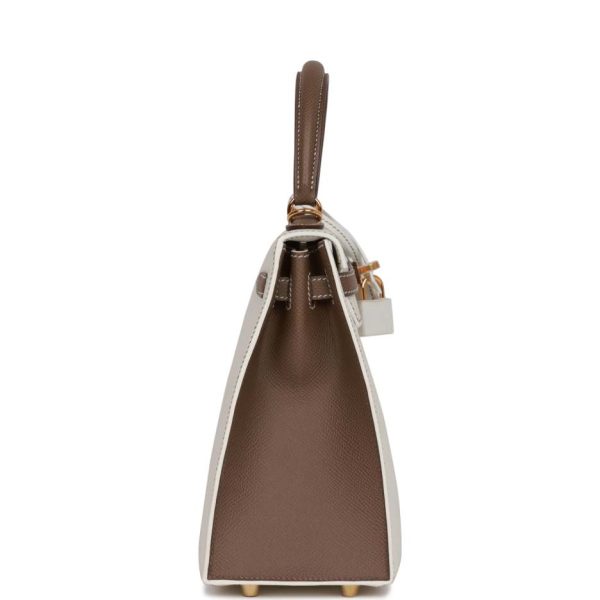 hermès special order (hss) kelly sellier 25 white and etoupe epsom gold hardware