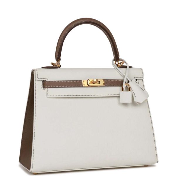 hermès special order (hss) kelly sellier 25 white and etoupe epsom gold hardware