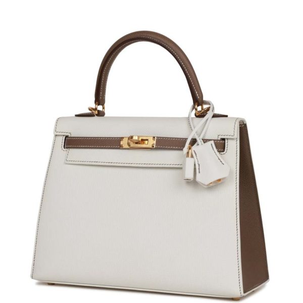 hermès special order (hss) kelly sellier 25 white and etoupe epsom gold hardware