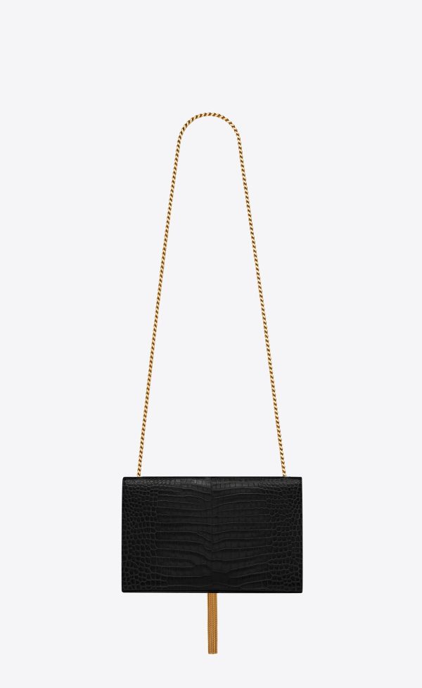 medium kate tassel in crocodile embossed leather black