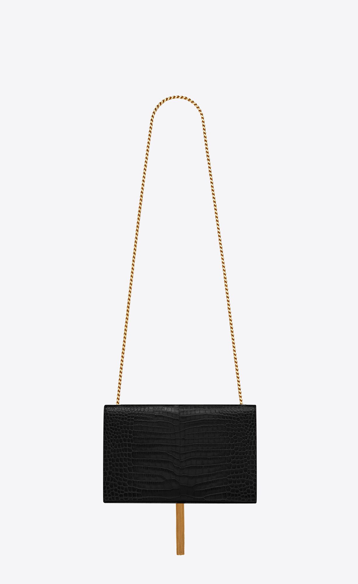 medium kate tassel in crocodile embossed leather black medium kate tassel in crocodile embossed leather black