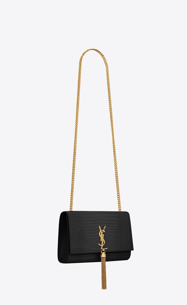 medium kate tassel in crocodile embossed leather black