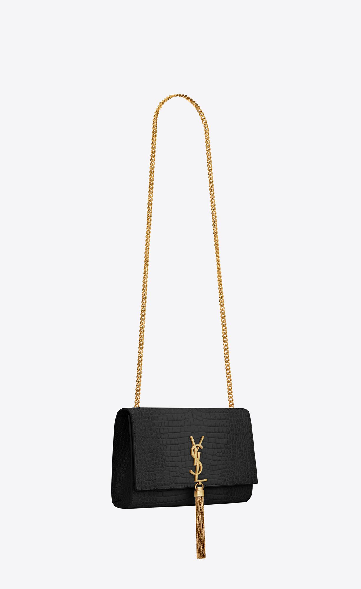 medium kate tassel in crocodile embossed leather black medium kate tassel in crocodile embossed leather black