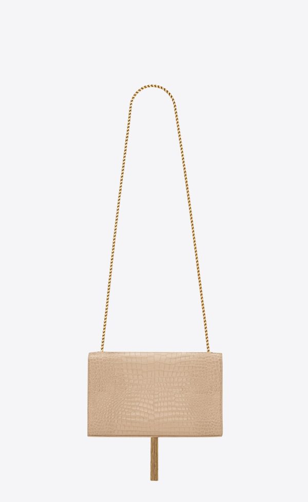medium kate tassel in crocodile embossed leather dark beige