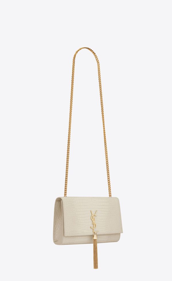 medium kate tassel in crocodile embossed leather blanc vintage