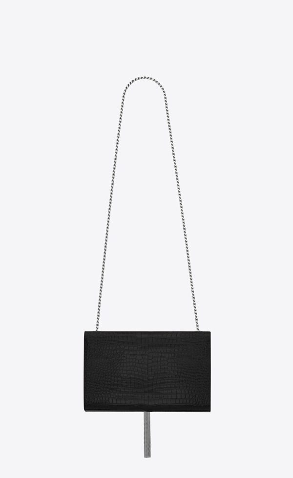 medium kate tassel in crocodile embossed leather black