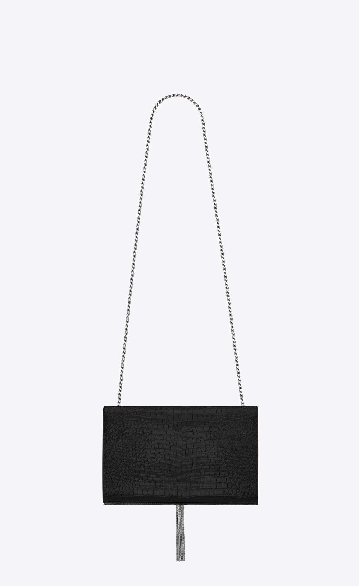 medium kate tassel in crocodile embossed leather black medium kate tassel in crocodile embossed leather black