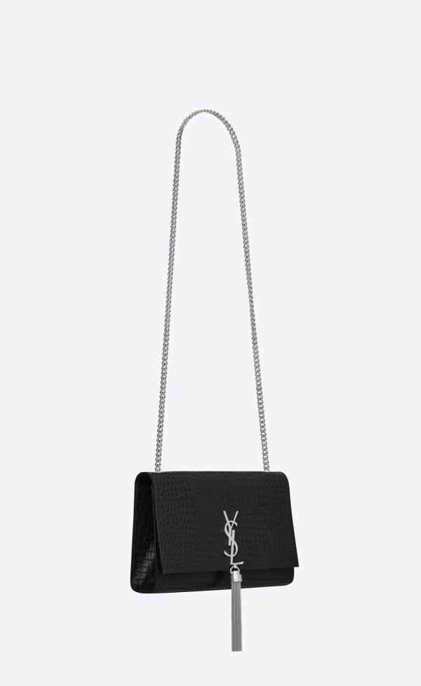 medium kate tassel in crocodile embossed leather black