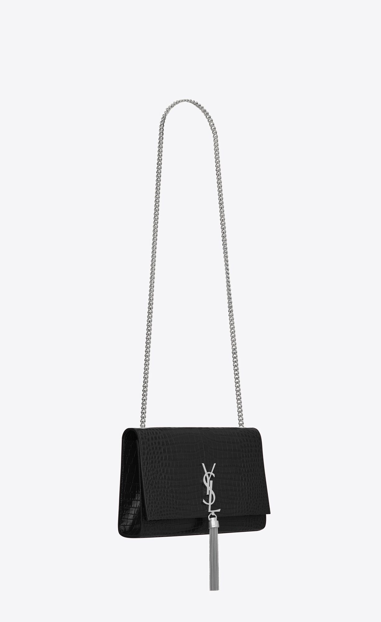 medium kate tassel in crocodile embossed leather black medium kate tassel in crocodile embossed leather black