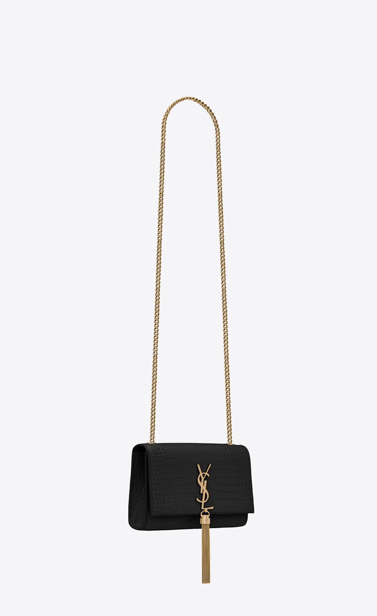 small kate tassel in crocodile embossed leather black small kate tassel in crocodile embossed leather black