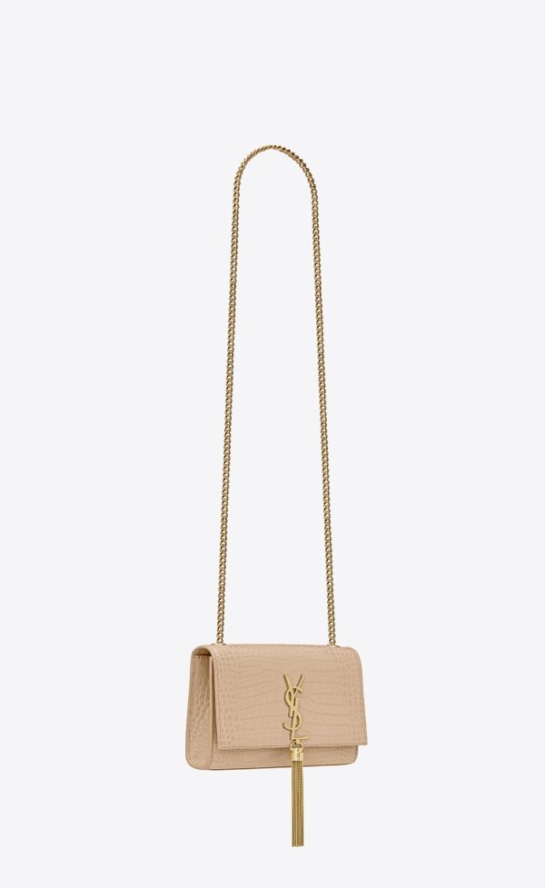small kate tassel in crocodile embossed leather dark beige
