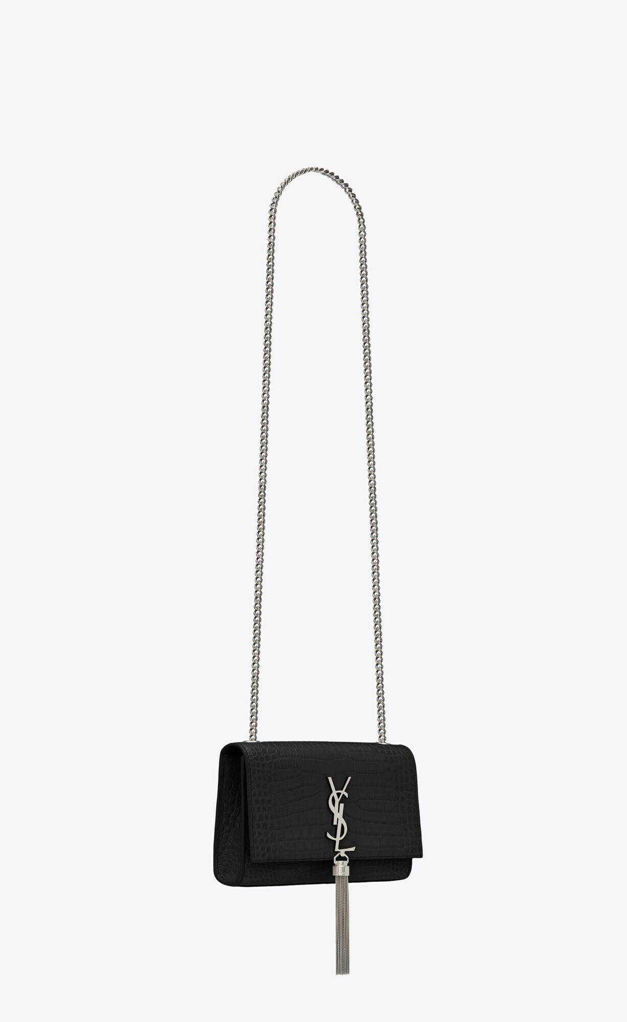 small kate tassel in crocodile embossed leather black small kate tassel in crocodile embossed leather black