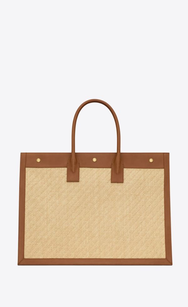 rive gauche in embroidered raffia and vegetable tanned leather natural sand and brick