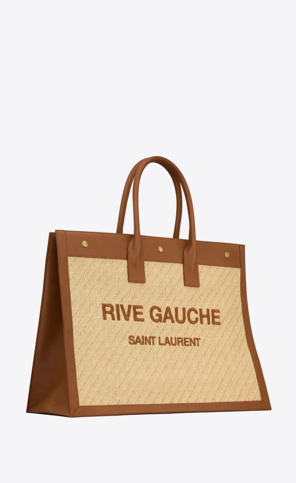 rive gauche in embroidered raffia and vegetable tanned leather natural sand and brick
