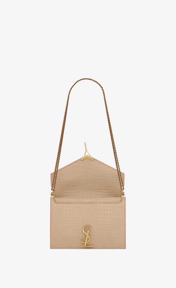 cassandra medium chain bag in crocodile embossed shiny leather dark beige