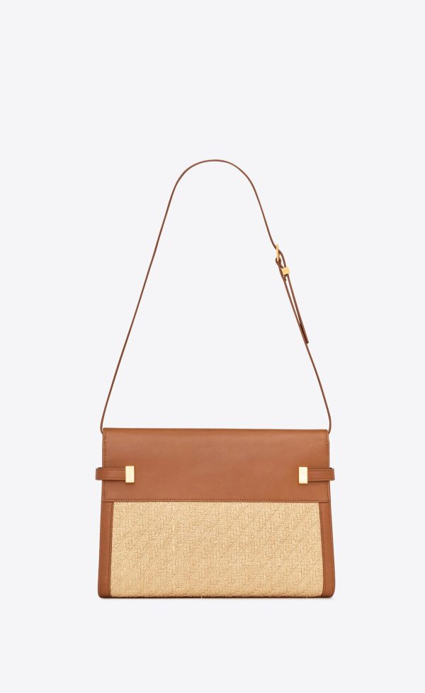 manhattan shoulder bag in raffia and vegetable tanned leather natural sand and brick