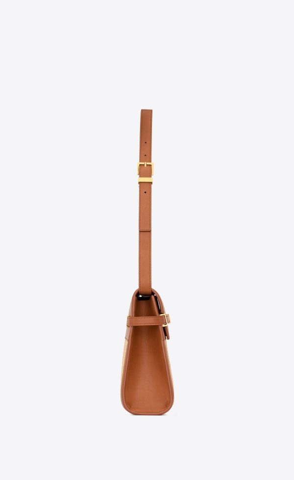 manhattan shoulder bag in raffia and vegetable tanned leather natural sand and brick
