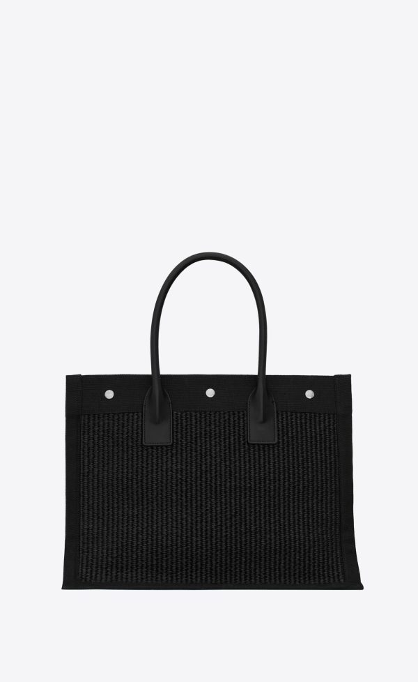 rive gauche small tote bag in raffia and leather black