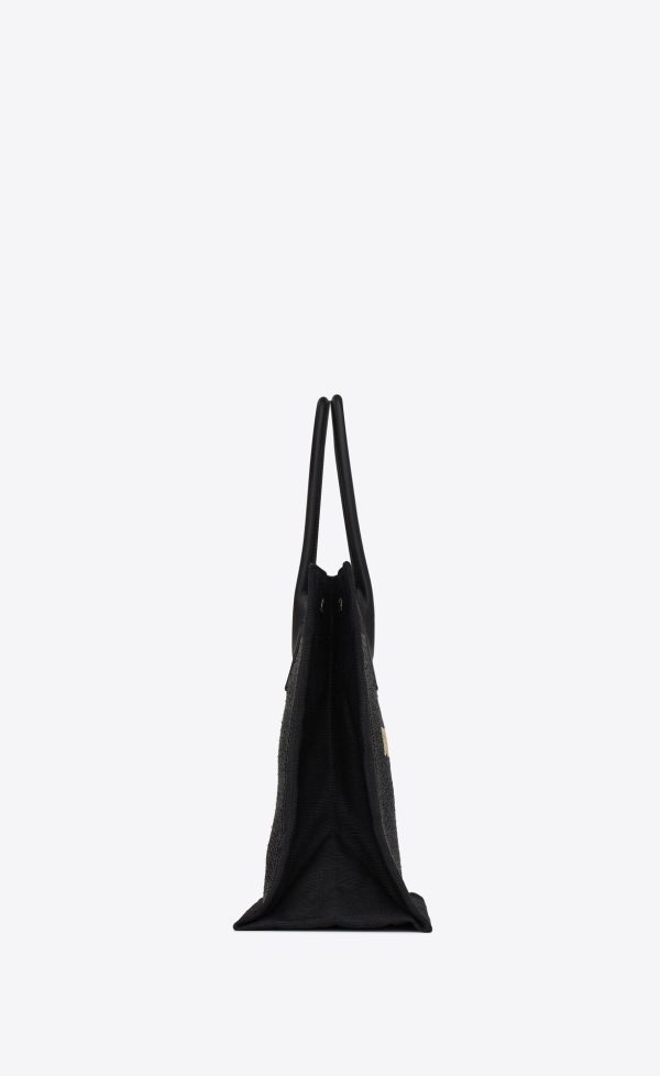 rive gauche small tote bag in raffia and leather black
