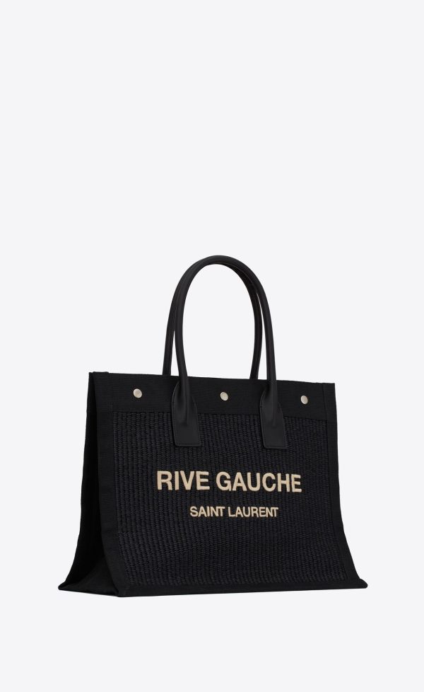 rive gauche small tote bag in raffia and leather black