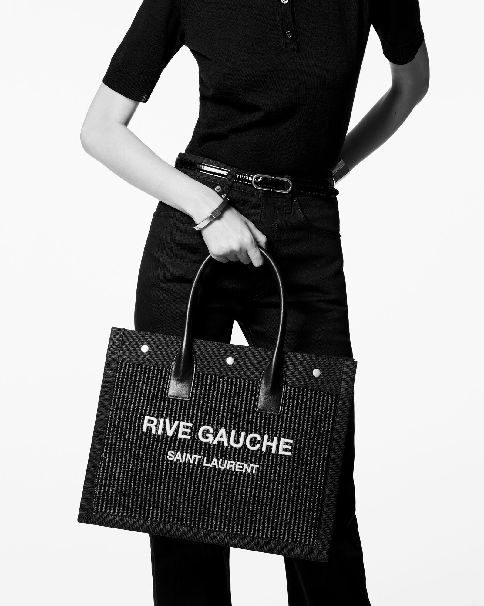 rive gauche small tote bag in raffia and leather black rive gauche small tote bag in raffia and leather black