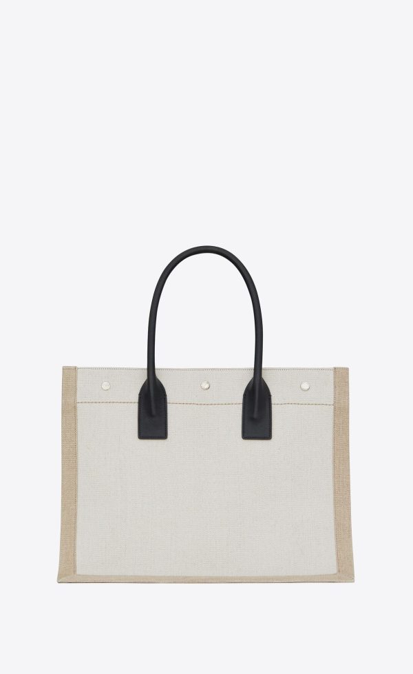 rive gauche small tote bag in linen and leather greige / black + natural + black