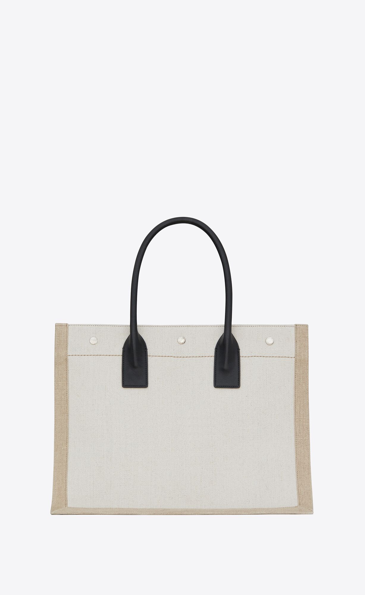rive gauche small tote bag in linen and leather greige / black + natural + black rive gauche small tote bag in linen and leather greige / black + natural + black