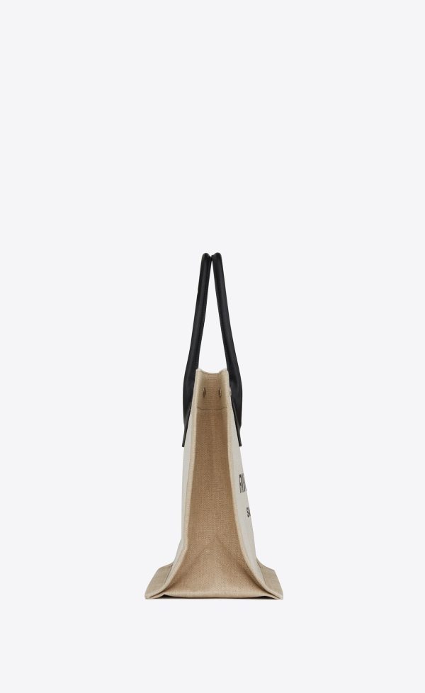 rive gauche small tote bag in linen and leather greige / black + natural + black