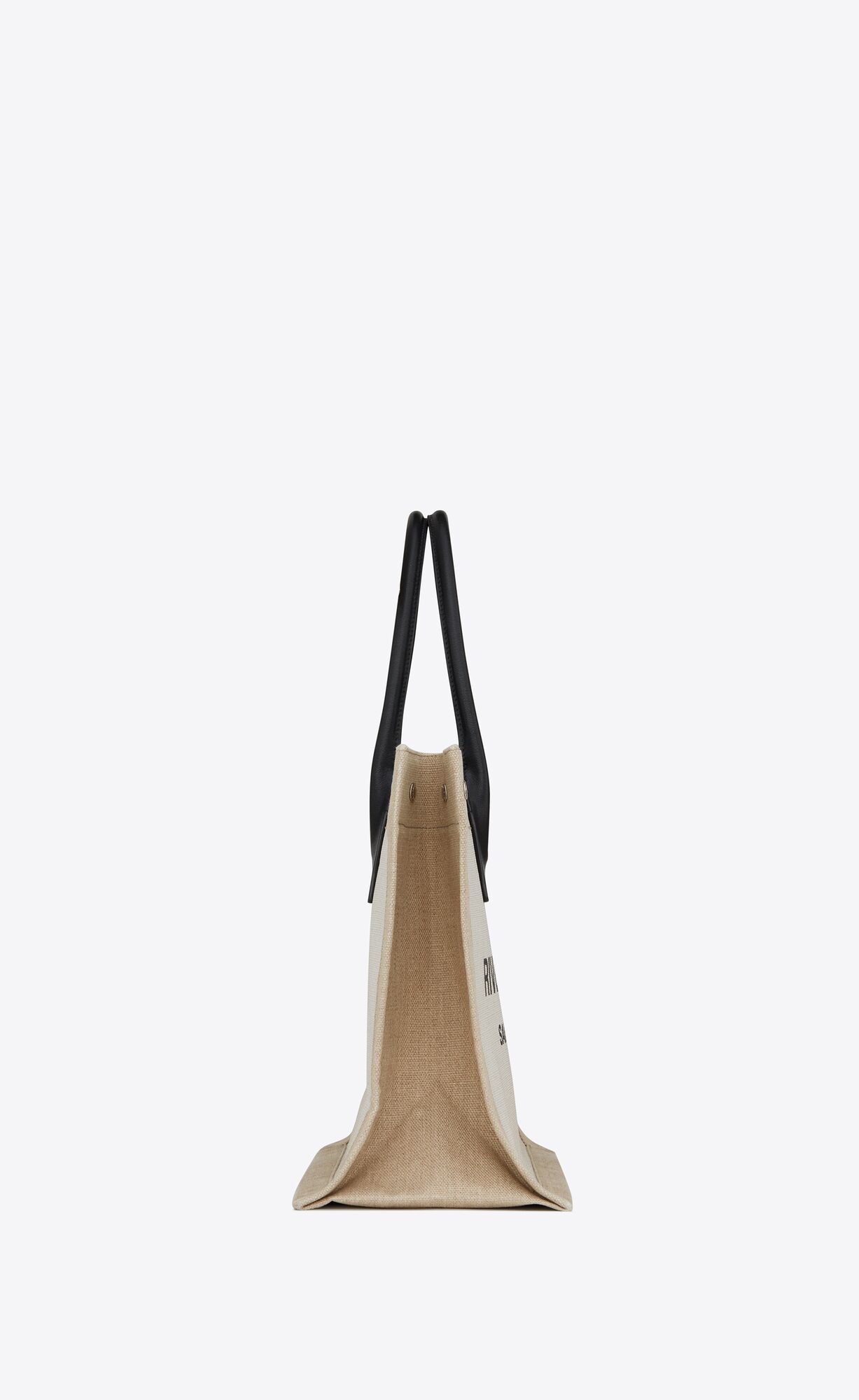 rive gauche small tote bag in linen and leather greige / black + natural + black rive gauche small tote bag in linen and leather greige / black + natural + black