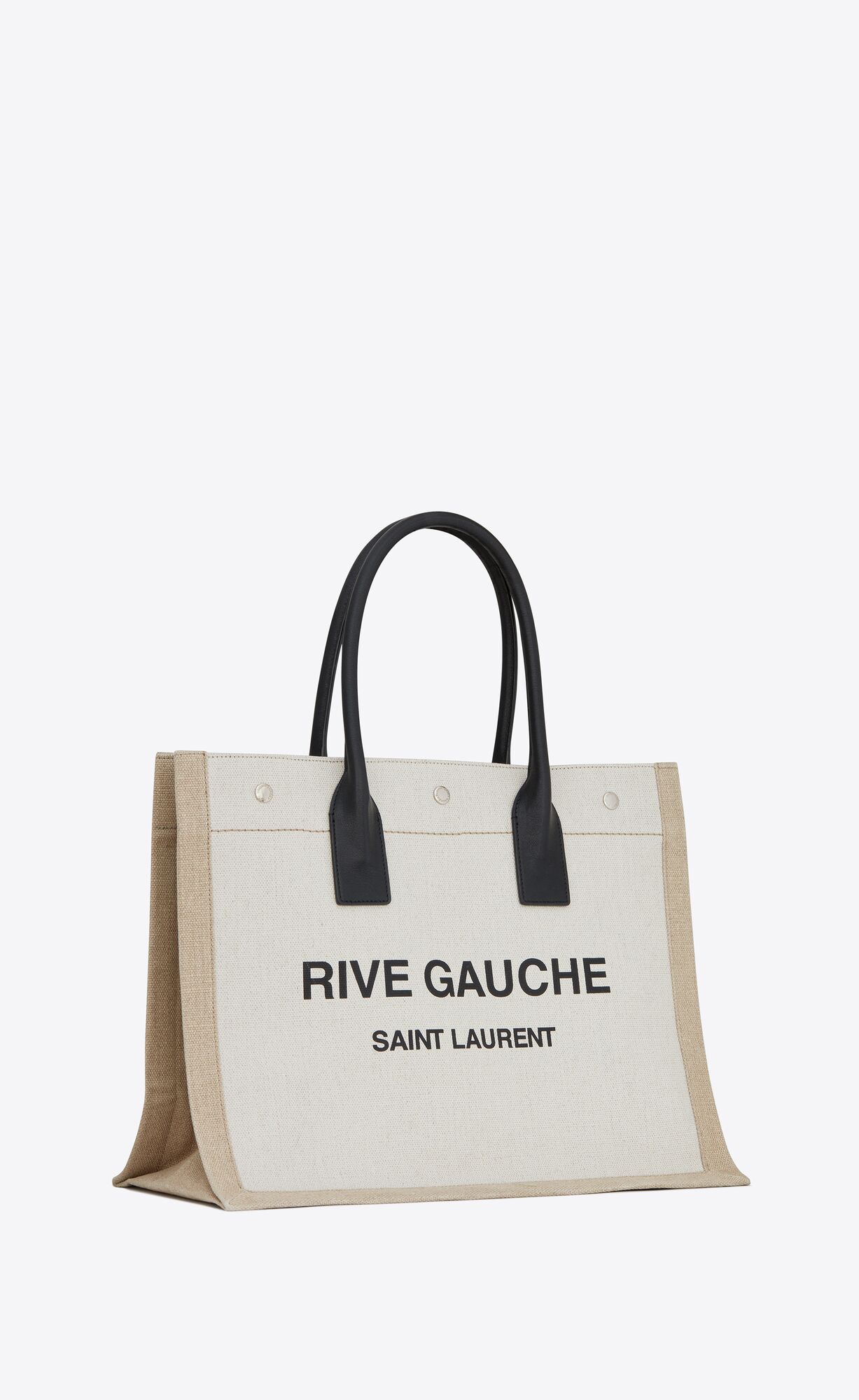 rive gauche small tote bag in linen and leather greige / black + natural + black rive gauche small tote bag in linen and leather greige / black + natural + black