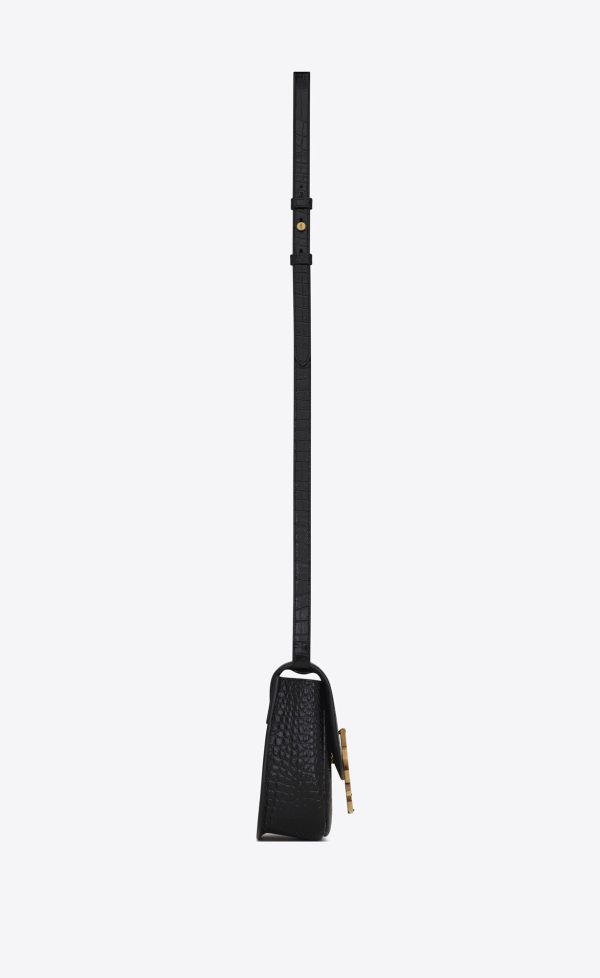 kaia small satchel in shiny crocodile embossed leather noir