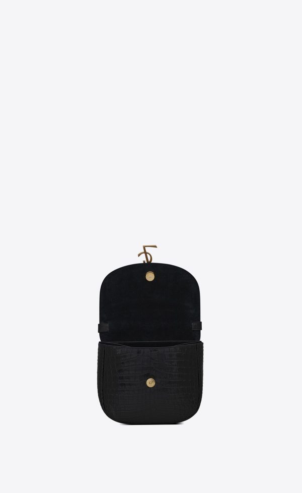 kaia small satchel in shiny crocodile embossed leather noir