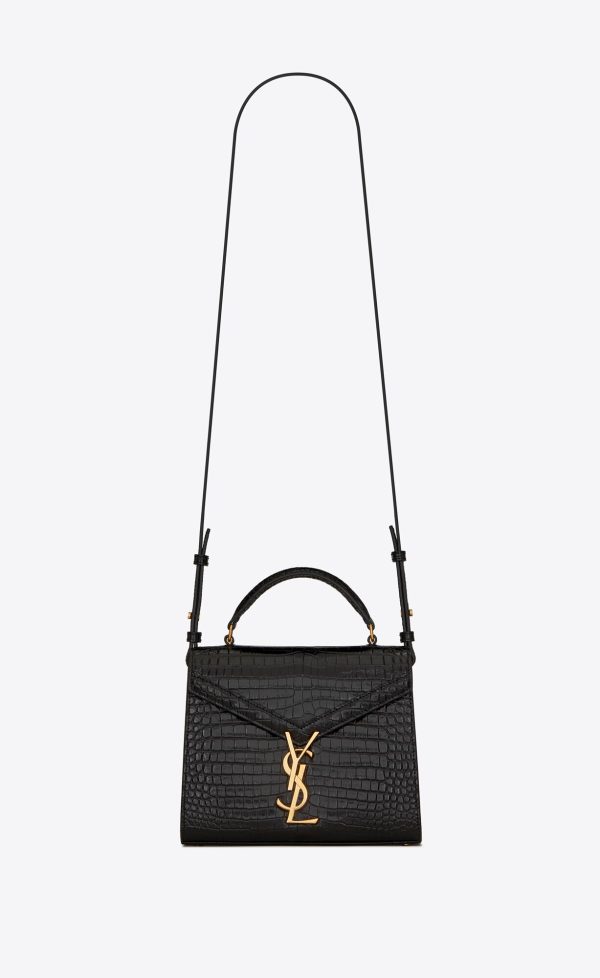 cassandra mini top handle bag in crocodile embossed shiny leather black