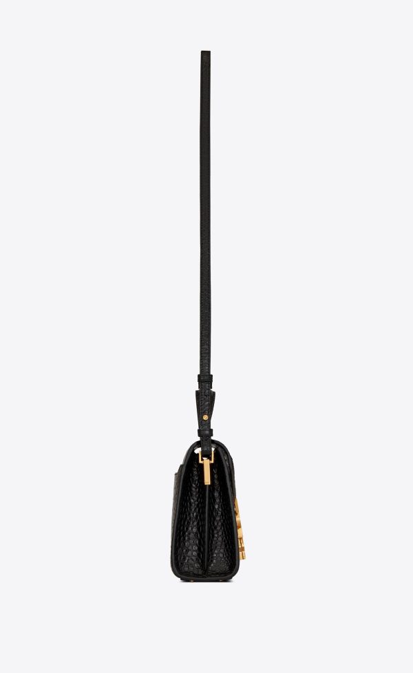 cassandra mini top handle bag in crocodile embossed shiny leather black