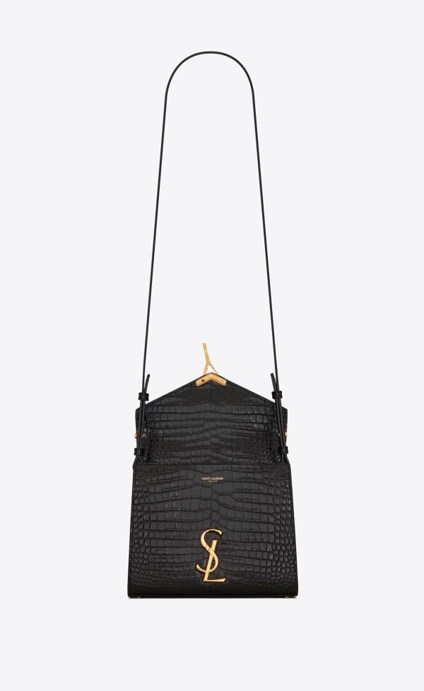 cassandra mini top handle bag in crocodile embossed shiny leather black