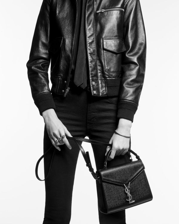cassandra mini top handle bag in crocodile embossed shiny leather black