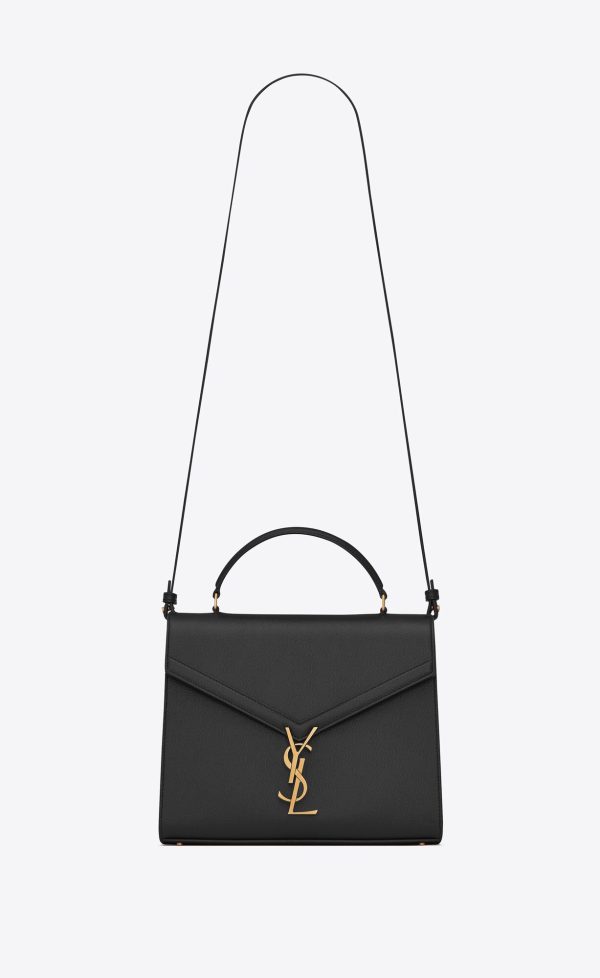 cassandra medium top handle bag in grain de poudre embossed leather black