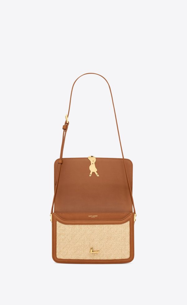 solferino medium satchel in raffia and vegetable tanned leather natural sand and brick