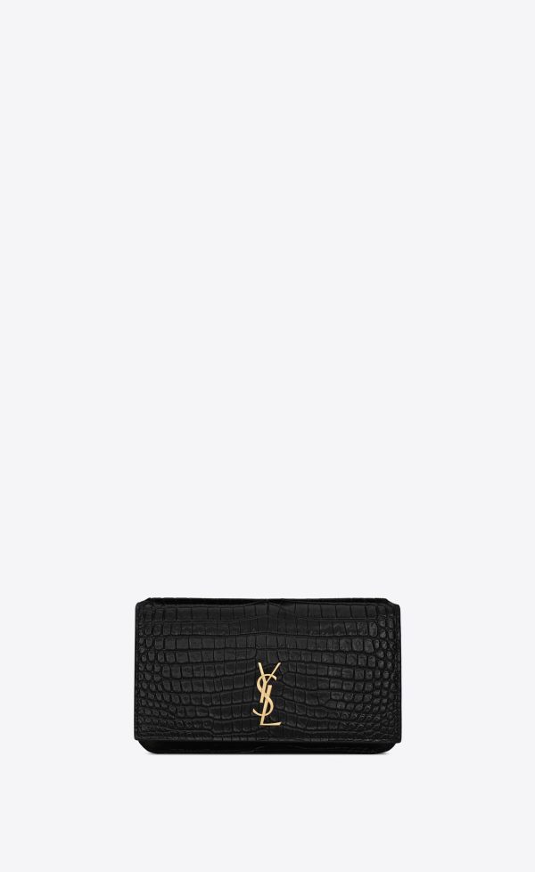 cassandre phone holder with strap in shiny crocodile embossed leather black