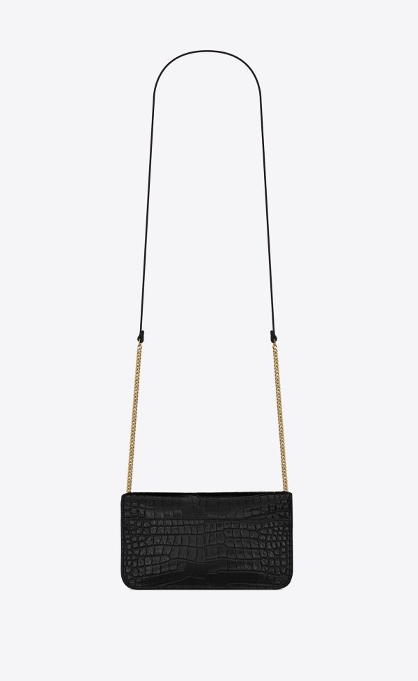 cassandre phone holder with strap in shiny crocodile embossed leather black