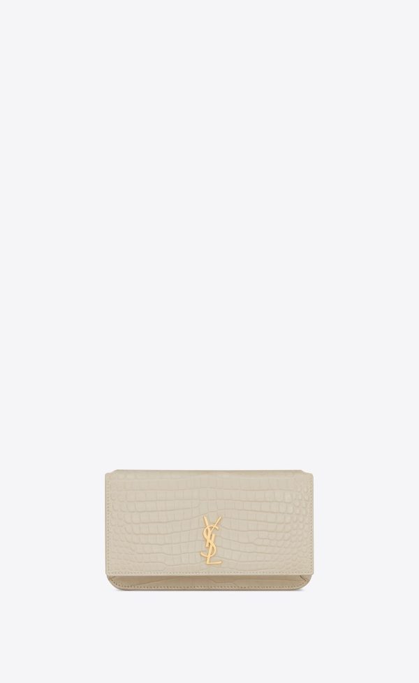 cassandre phone holder with strap in shiny crocodile embossed leather blanc vintage