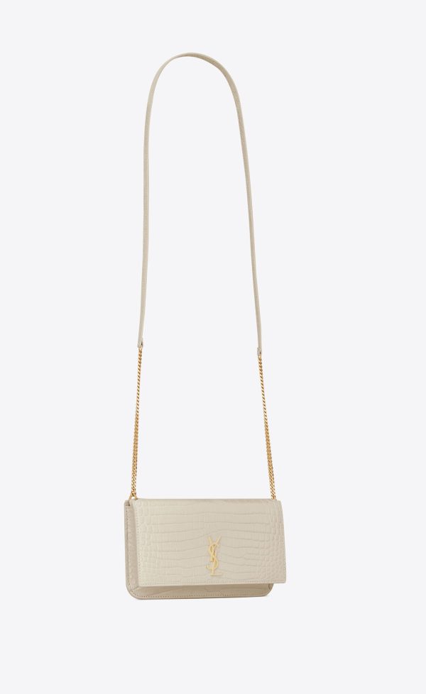cassandre phone holder with strap in shiny crocodile embossed leather blanc vintage