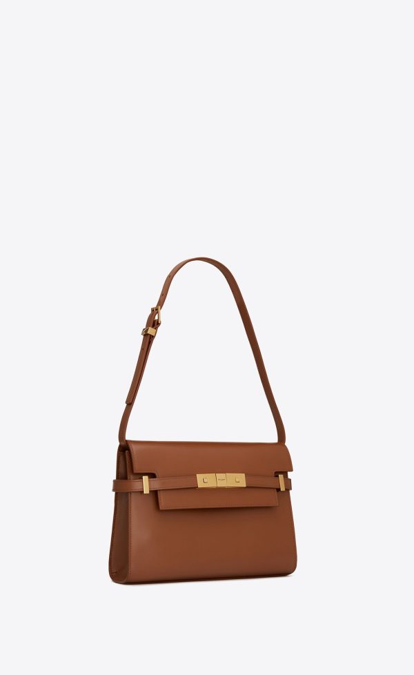 manhattan small shoulder bag in box saint laurent leather brick, dark ebene