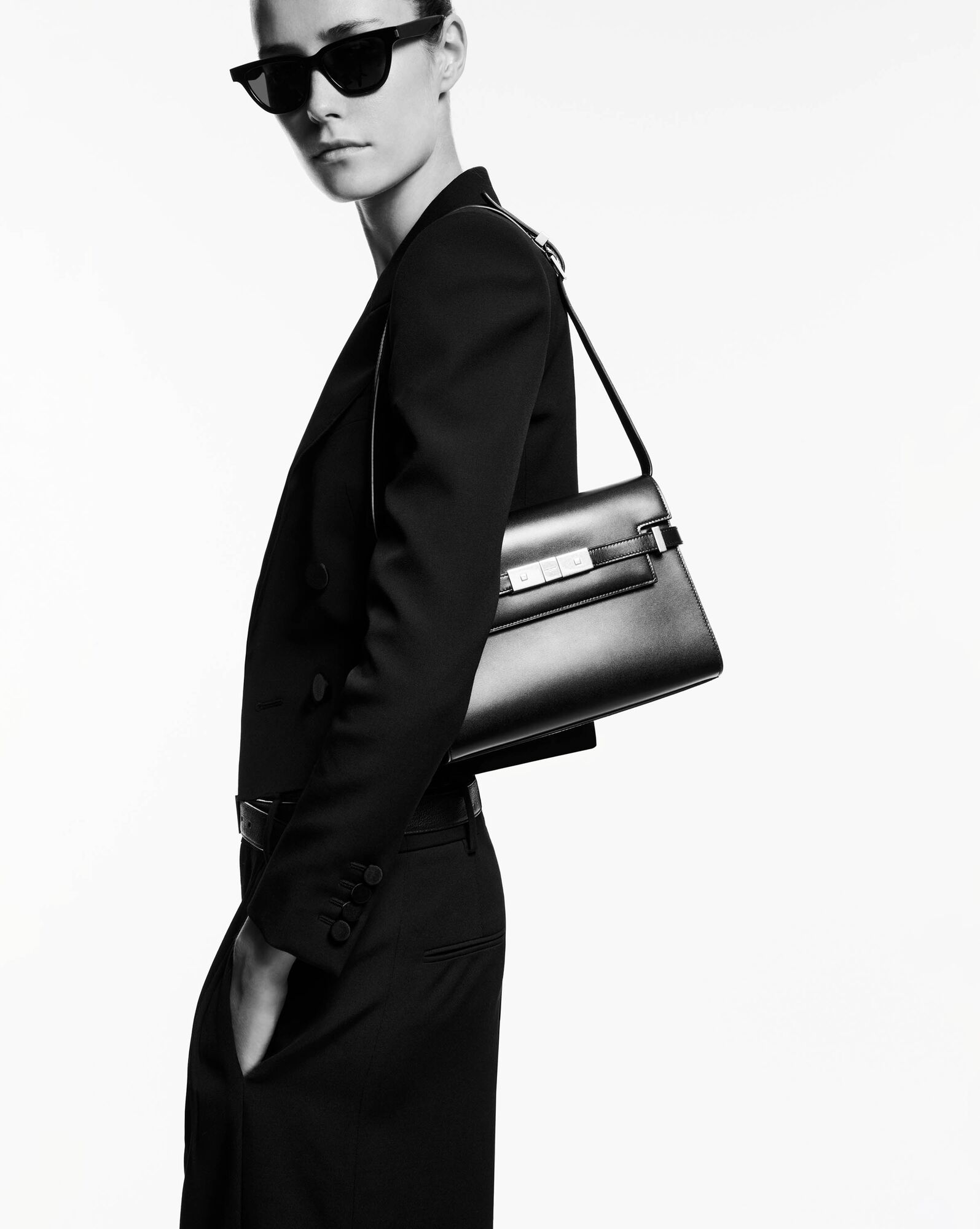 manhattan small shoulder bag in box saint laurent leather brick, dark ebene manhattan small shoulder bag in box saint laurent leather brick, dark ebene