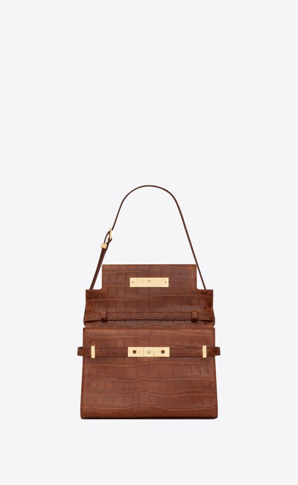 manhattan small shoulder bag in crocodile embossed leather dark caramel