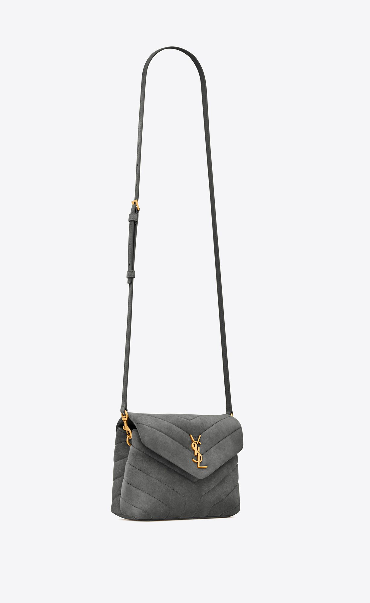 loulou toy strap bag in "y" quilted suede and smooth leather storm loulou toy strap bag in "y" quilted suede and smooth leather storm