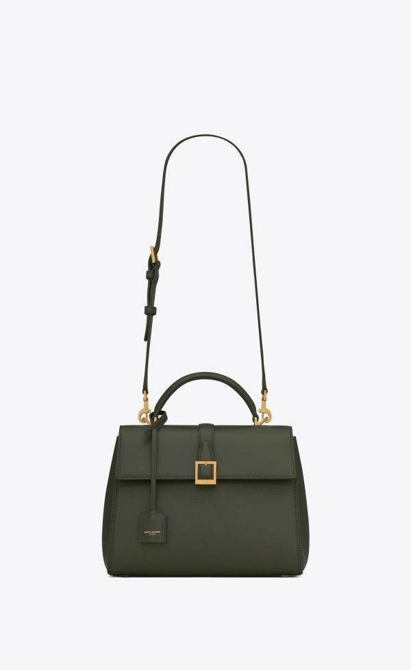 le fermoir small top handle bag in shiny leather vert fonce