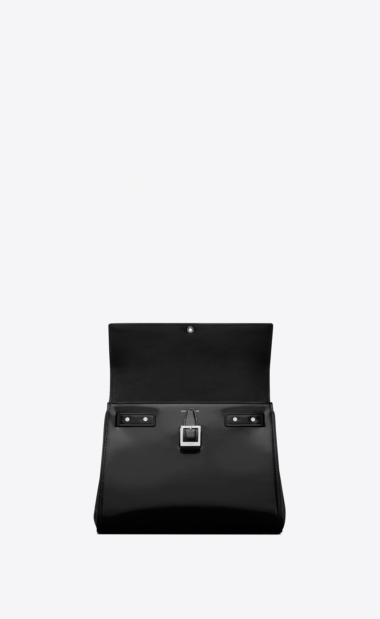 le fermoir small top handle in shiny leather black le fermoir small top handle in shiny leather black