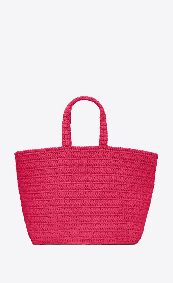 rive gauche tote in raffia neon pink and black