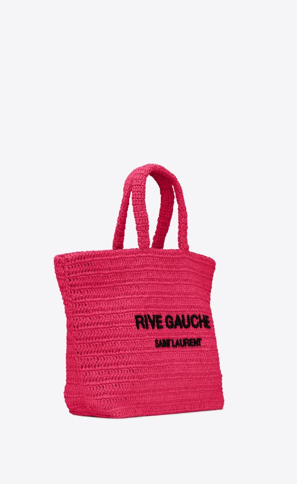 rive gauche tote in raffia neon pink and black